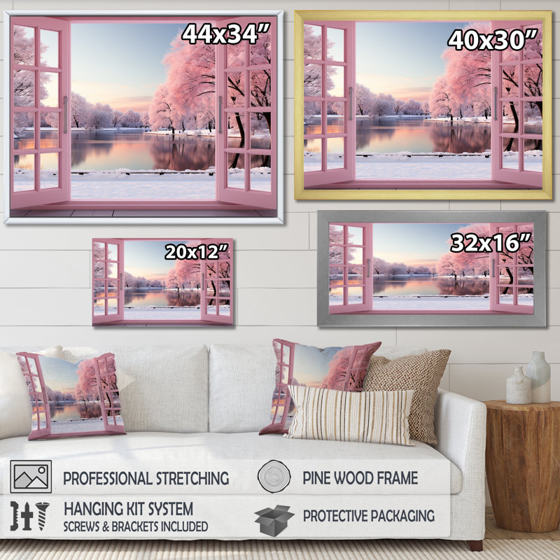 «Pink Winter Window By The Lake», art mural paysage d'hiver, H 34 po x l 44 po x P 1,5 po, Toile tendue