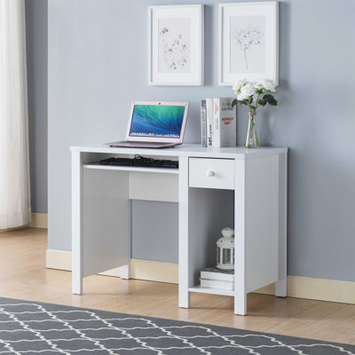 Student Desk Home Office Desk 39"W Compact Desk Writing Desk Laptop Desk White One Drawer Keyboard Drawer Wooden Knob