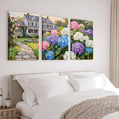 Hydrangea Garden House, ensemble de 3 reproductions d'art sur toile tendues