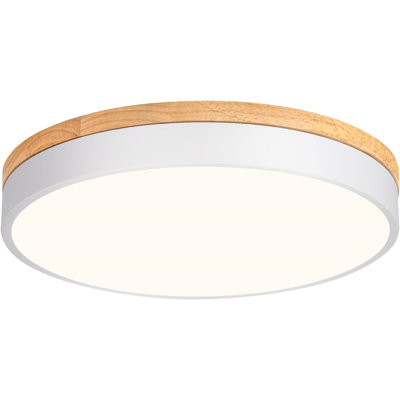Modern Wood Ceiling Light, White LED Close To Ceiling Lighting Fixtures, Round Flush Mount Ceiling Lamp For Kitchen Bedroom Bathroom Laundry Room Nursery Room Hallway（15.74 Inch）
