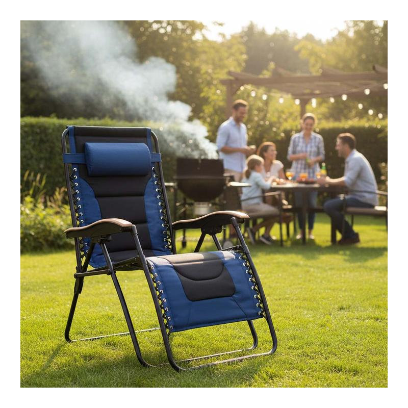 30" Wide Folding Zero Gravity Lounge Chair with Lockable Recline and Side Tray, Heavy Duty Outdoor Recliner, 400 LBS，Black&Blue