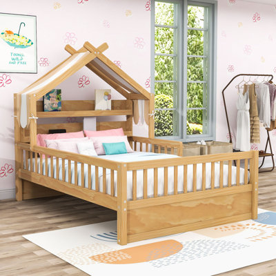 Wooden House Bed with Storage Shelf, Removable Canopy and Guardrails