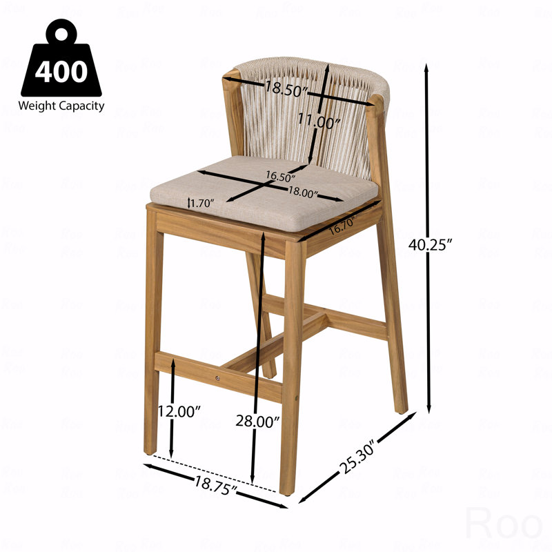 Set Of 2 Outdoor Patio Barstool, Teak Finished Wood With Beige Cushion