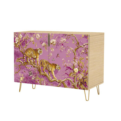Buffet buffet avec rangement imprimé pivoines, palmiers, bambous, tigres de style chinois avec 2 portes pour le salon et la cuisine