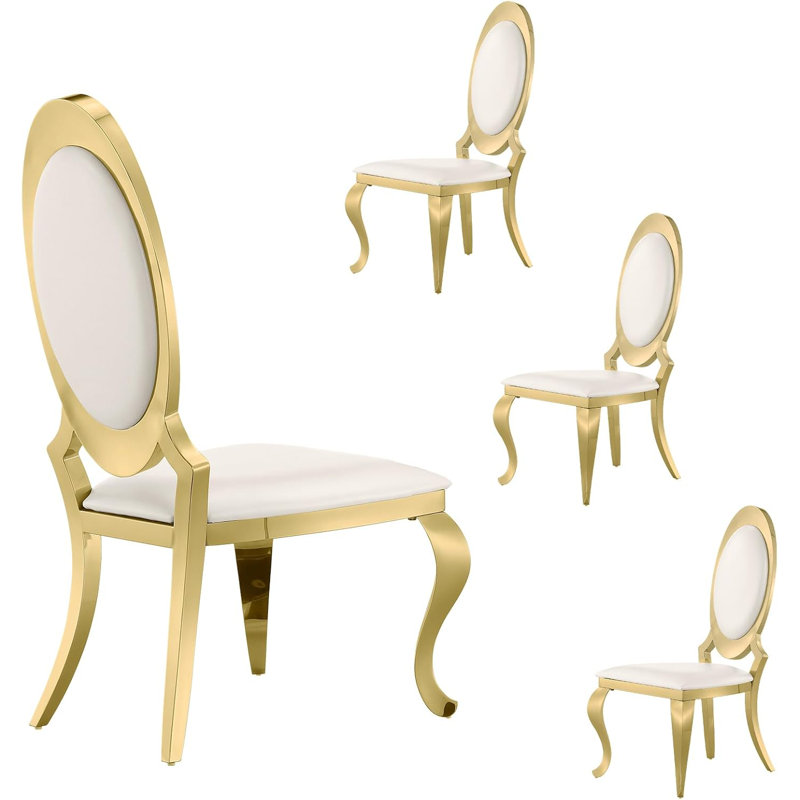 Mid Century Modern White Leather And Gold Dining Chairs With Cabriole Legs, 4