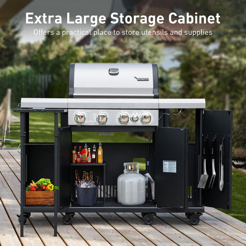 Centre de barbecue au propane à 4 brûleurs Brand-Man - Îlot de cuisine convertible au gaz naturel avec table de préparation pliable et armoires de rangement pour la cuisine d'extérieur de patio | 44 000 BTU