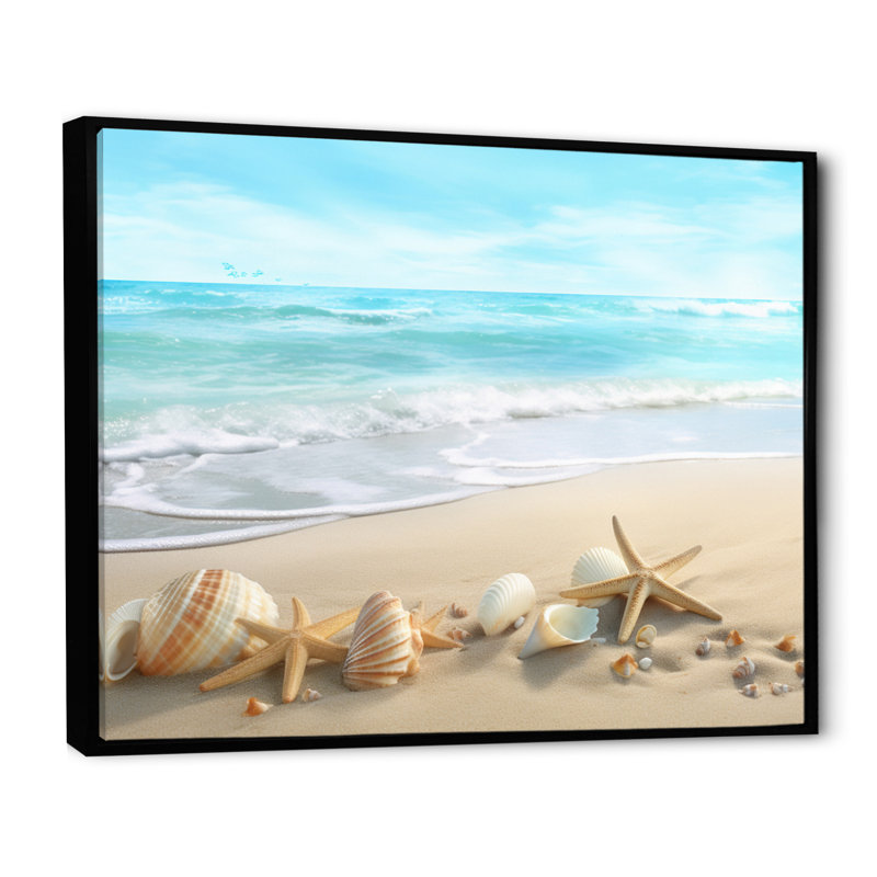Étoile de mer et coquillages III - impression, H 16 po x l 32 po x P 1 po, Cadre flottant noir