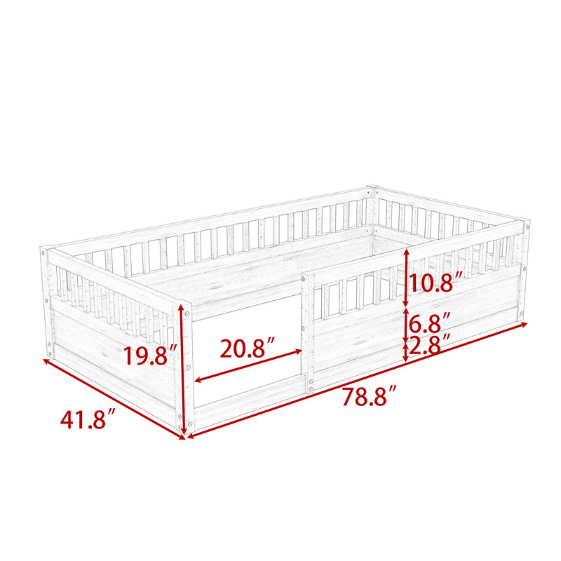 Floor Bed Frame with High Guardrails and Low Profile Design, Twin, Grey