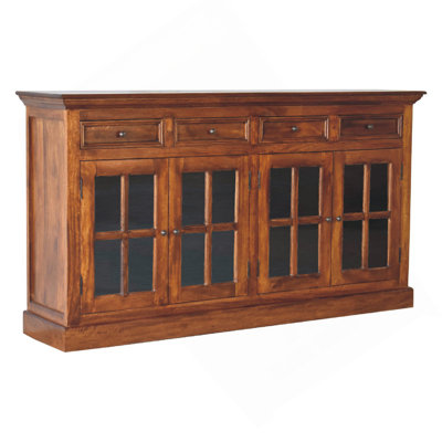 Buffet en bois grand vitré, 4 tiroirs, 4 tablettes, châtaignier, brun foncé