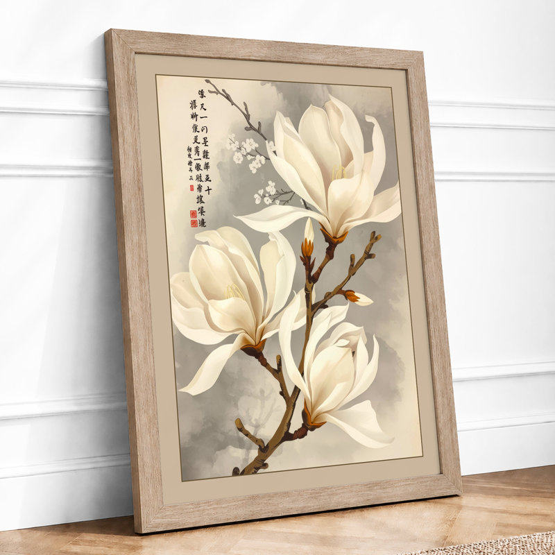 Three Magnolia Blossoms Japandi - Framed Print, A1 - 84.1 x 59.4 cm, Oak