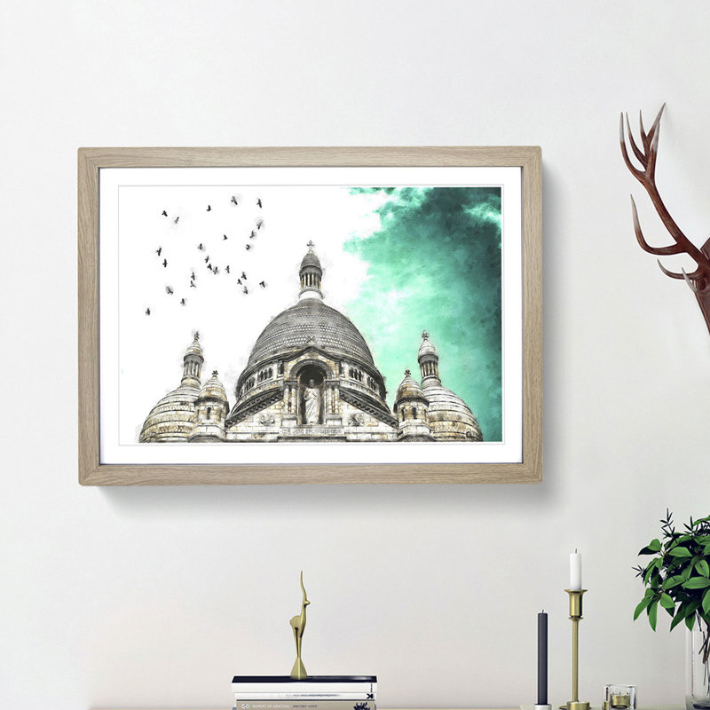Birds Above Sacre Coeur Paris Painting - Single Picture Frame Print on MDF, Walnut, 24cm H x 33cm W x 2cm D
