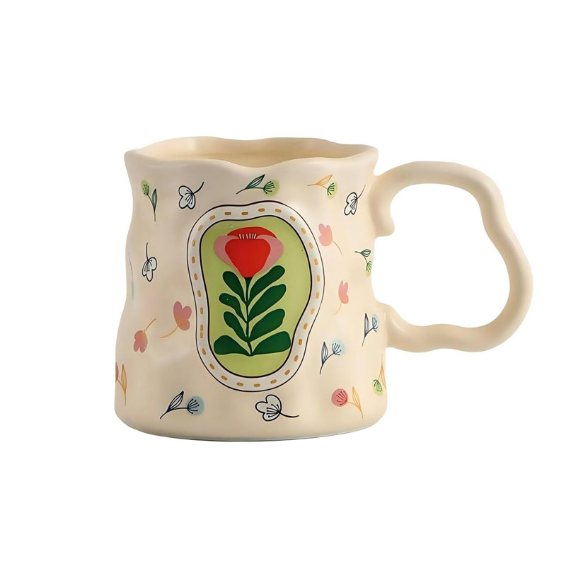 Tasse à café tasse à expresso, grande tasse à café en céramique de 13,5 oz, motif floral avec poignée surdimensionnée, forme irrégulière faite à la main (jaune crème)