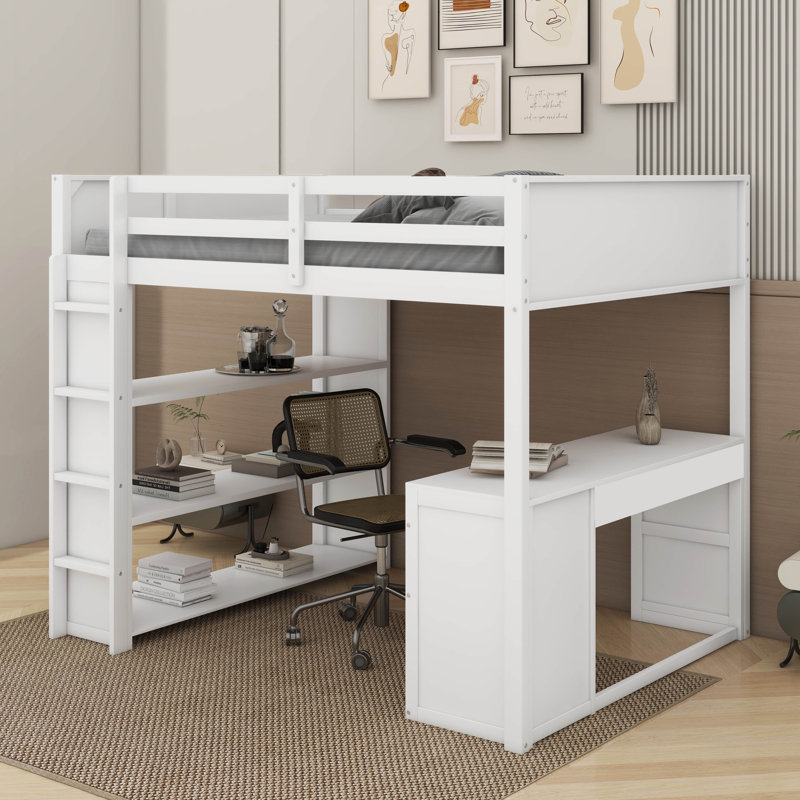 Lit mezzanine double avec tablettes et bureau
