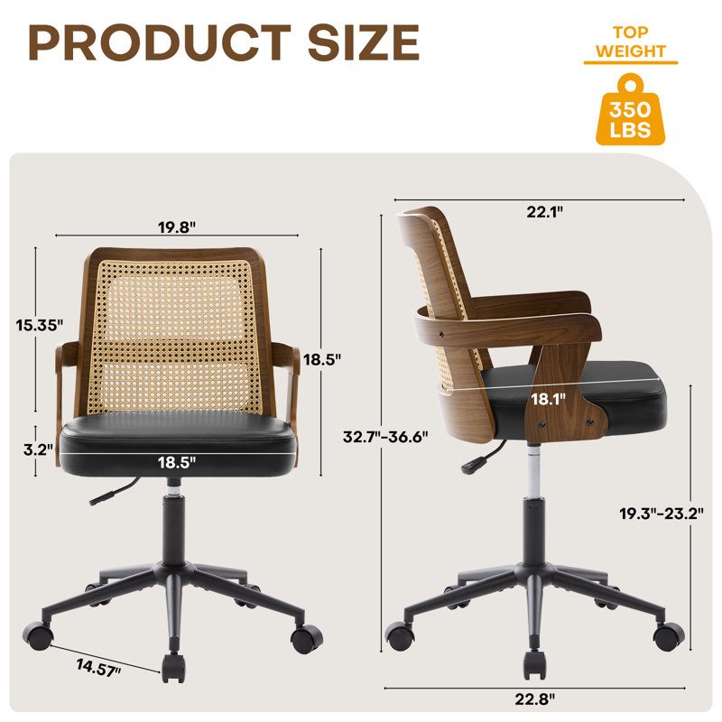 Breathable Cane Back Home Office Chair With Mid-Century Walnut Frame & Adjustable Swivel Base, Black