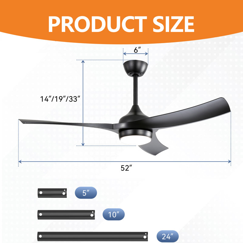 52'' Ceiling Fan With Lights And Remote Control, Matte Black, Matte Black