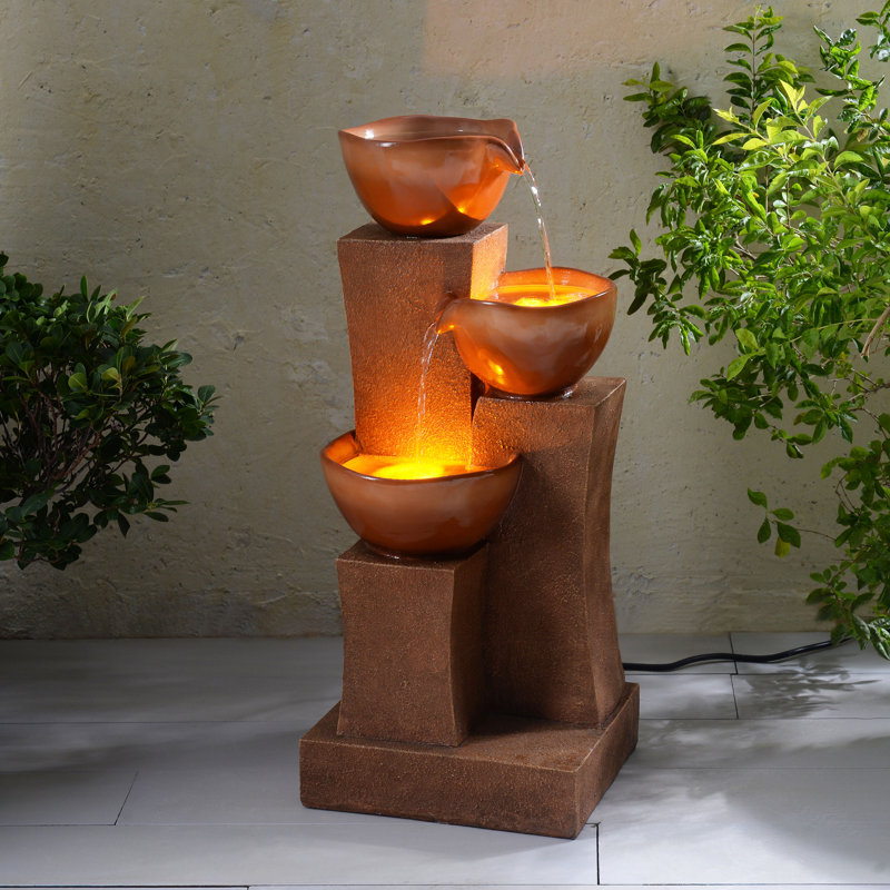 Jeany 28.54" Outdoor Water Fountain with LED Lights, Brown