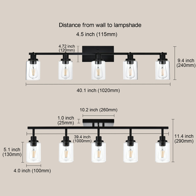 Luminaire sur pied 5 lumières pour meuble-lavabo, plafonnier, luminaire sur rail à têtes ajustables, luminaire sur rail avec abat-jour en verre transparent, luminaire sur rail noir moderne pour la cuisine, le salon et le couloir (ampoules non incluses)