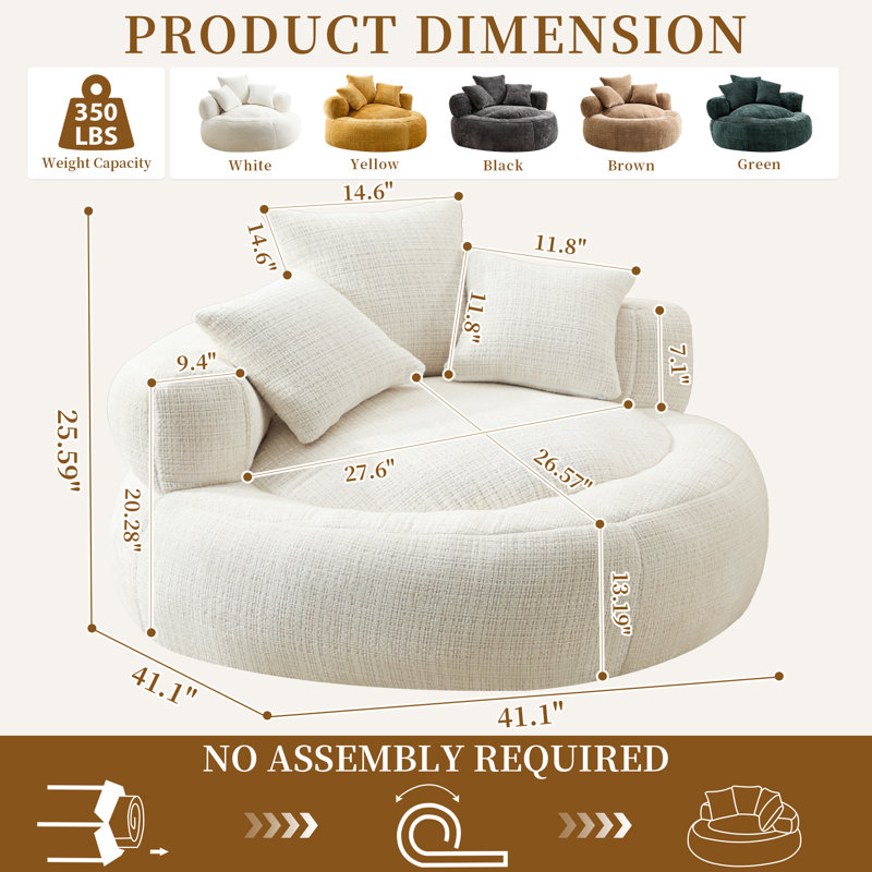 Foam Bean Bag Chair for Adults, 41.7" Round Bean Bag Sofa, Soft Chenille Lounge Chair for Teens, Bedroom & Living Room, White