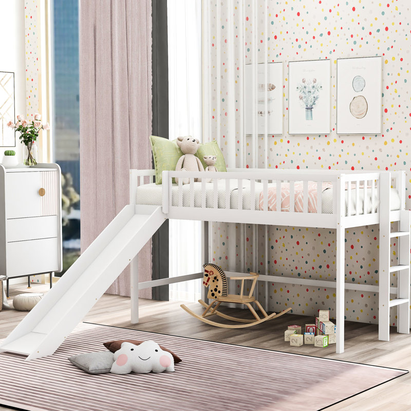 Lit mezzanine bas blanc simple avec glissade - Fonctionnalité supplémentaire pour les chambres à coucher en bois de pin et fonctionnelle, verticale et compacte