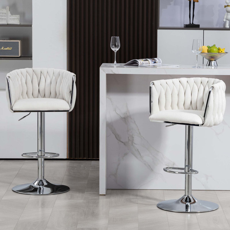 Tabouret de bar pivotant à hauteur ajustable avec dossier tissé et repose-pieds, Beige