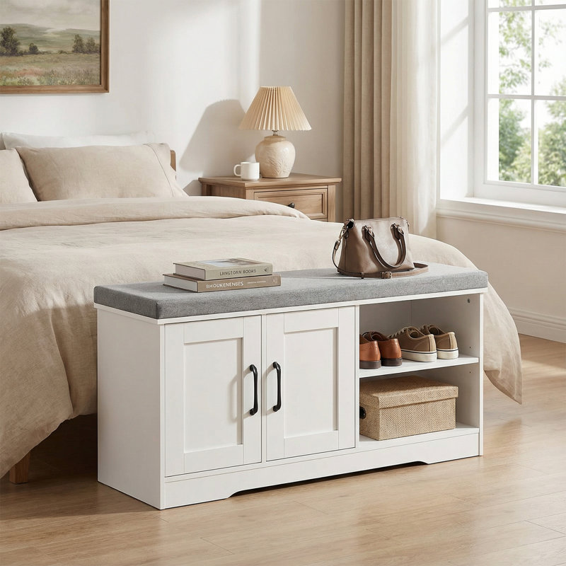 Banc Hoe 39,4 po avec coussin de siège rembourré et banc de rangement avec 2 portes et tablette latérale réglable