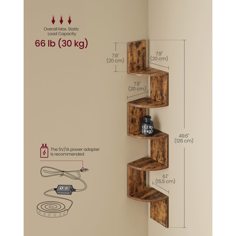 Wall Mounted Corner Shelf With RGB LED Lights, 5-Tier Floating Corner Bookshelf, Plant Shelf, For Bedroom, Living Room, Bathroom, Office, Button And Remote Control