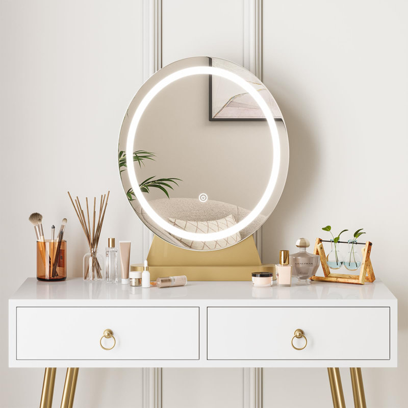 Bureau de coiffeuse blanc avec tabouret - Petite coiffeuse avec 3 modes d'éclairage Luminosité réglable - Coiffeuse 32 po avec 2 tiroirs