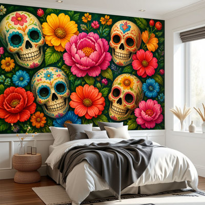 Peel and Stick Wallpaper Colorful Floral Skull Sugar Skull Designs Vibrant Garden Wall Murals 100"H x 144"W Removable PVC Wall Paper Self-Adhesive Wall Decor for Bedroom Living Room Home Office