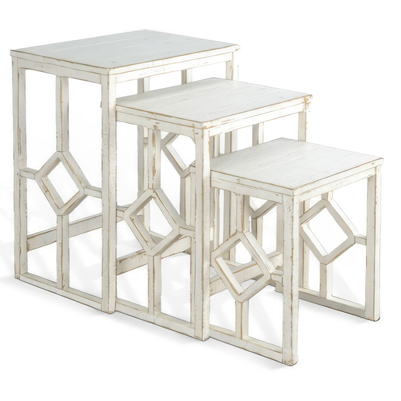 Ensemble de 3 tables gigognes à rennes | Cadre géométrique | Bois d'acajou massif, Blanc