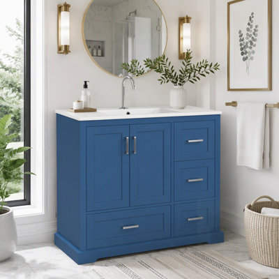 Meuble-lavabo de salle de bain avec lavabo en céramique - Armoire autoportante à 4 tiroirs, portes à fermeture douce et porte-serviettes réversible