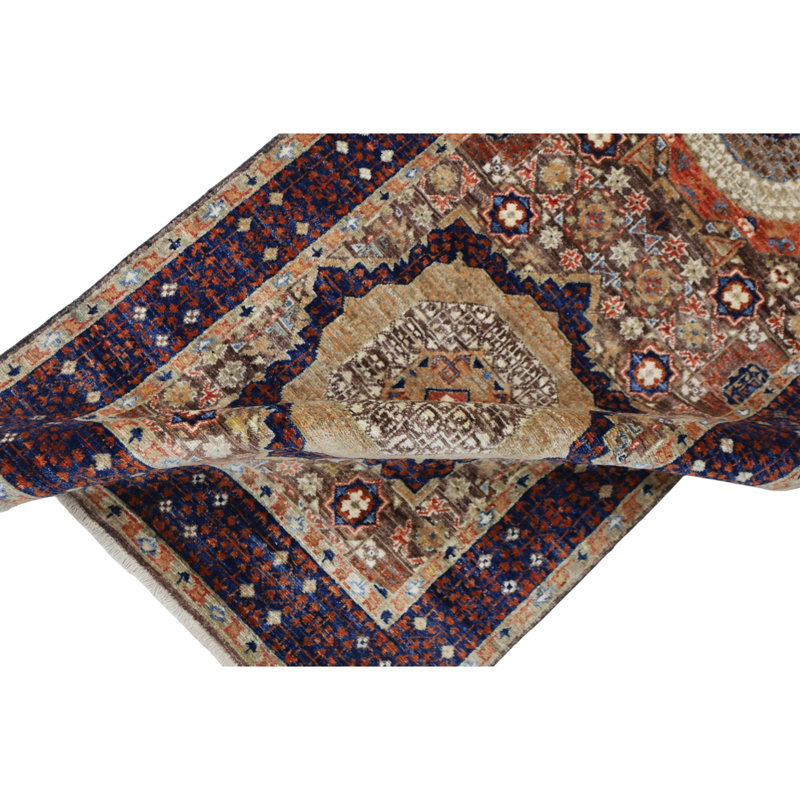 Hand Knotted Wool Area Rug in Brown And Navy