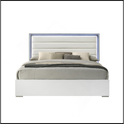Lit de style contemporain Olivia avec tête de lit à DEL et bois blanc