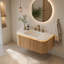 Meuble-lavabo flottant avec lavabo intégré chaud, éclairage à DEL activé par capteur, armoire à grain de bois rayé, tiroir à fermeture en douceur et surface en pierre frittée pré-assemblée.
