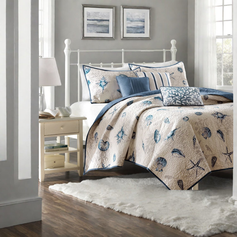 Coastal King Size Bedding Sets, Blue Microfiber Quilt With Pillows For Home