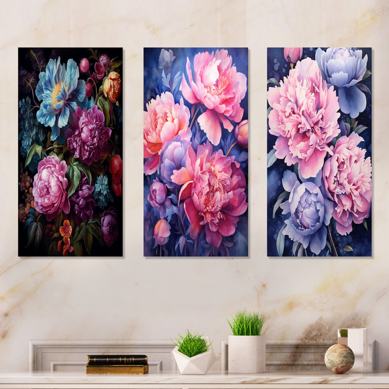 Radiant Garden Of Peony Treasures - Peonies Metal Wall Art Living Room Set Of 3, 28" H x 36" W