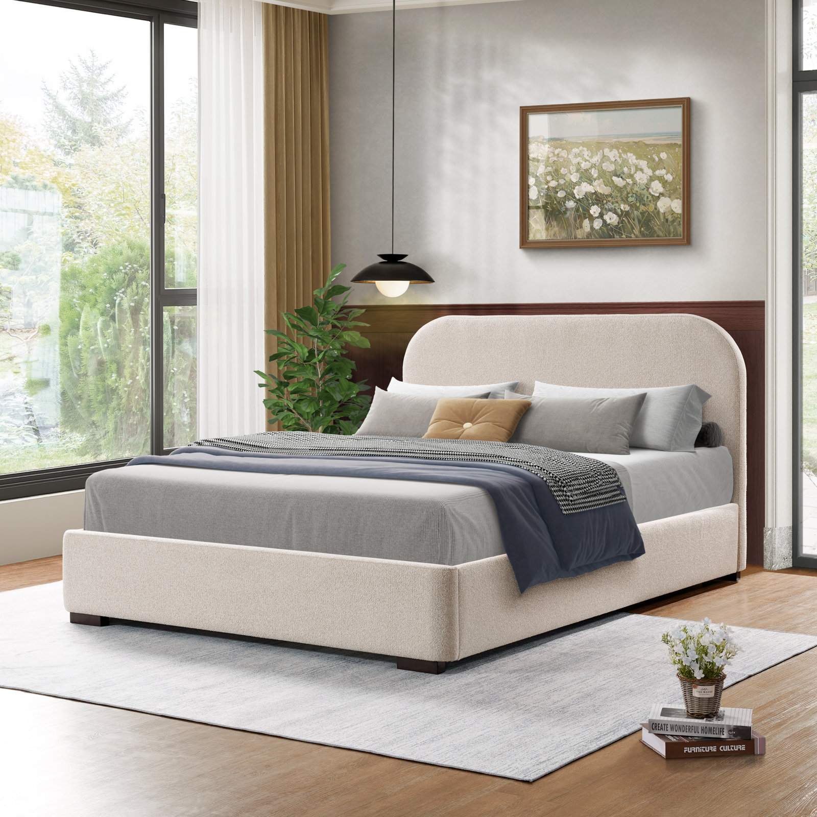 Reigen Upholstered Platform Bed, King, Beige Boucle