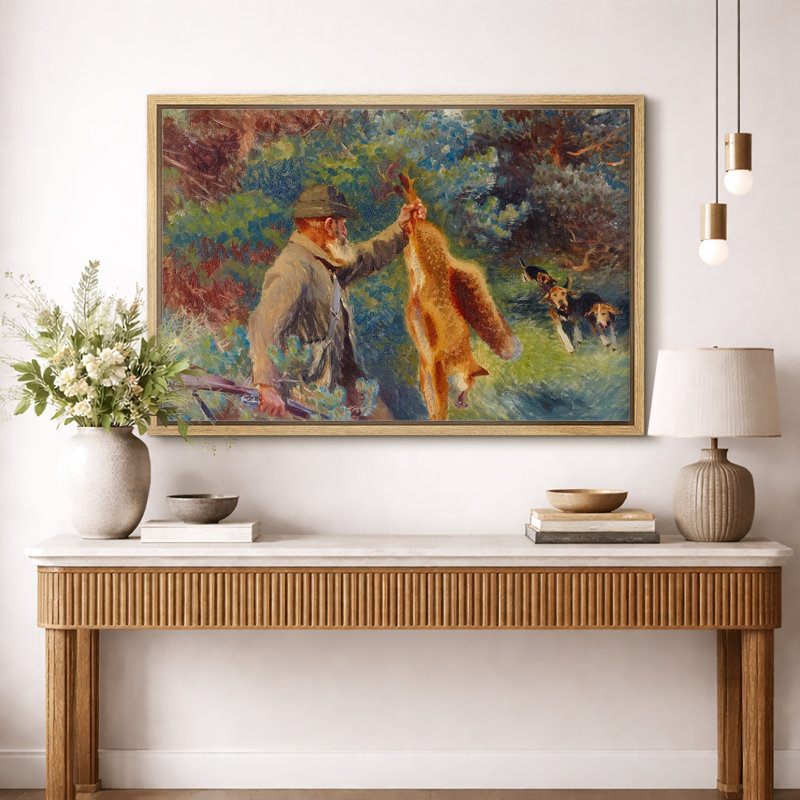 Chasseur avec renard et chiens de chasse dans la forêt, art de chambre à coucher, impression sur toile encadrée