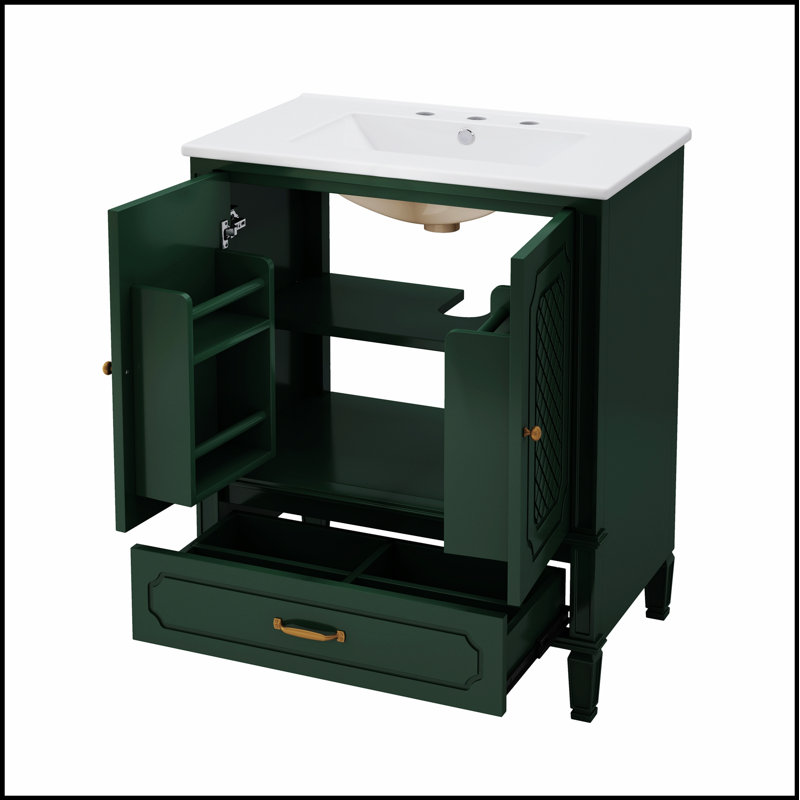 Meuble-lavabo de 30 po avec lavabo, style rétro, rangement multifonctionnel, porte à fermeture en douceur, finition vert foncé