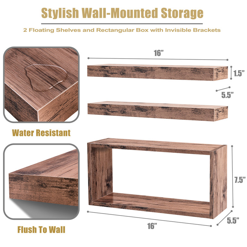 Floating Shelve with Box Shelf Set, Mahogany