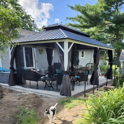 Purple Leaf Hardtop Gazebo Outdoor Double Roof Gazebo White Aluminum Frame Pavilion With Curtain And Netting For Patio, Garden And Backyard, Grey