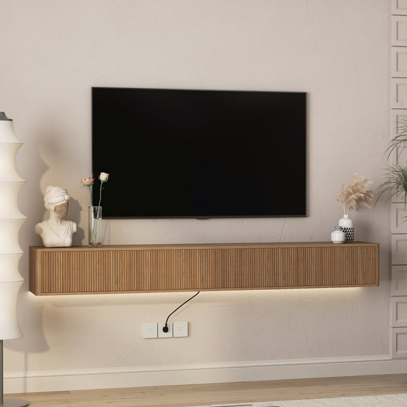78.7" Wall Mounted TV For Tvs Up To 85'', Floating TV Stand With LED Lights & Power Outlet, White, 9.8" H x 78.7" W x 11.8" D