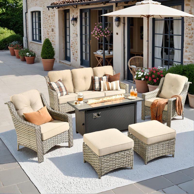 Outdoor Rattan Patio Furniture Set Of 6 With Cushions And Fire Table, Beige