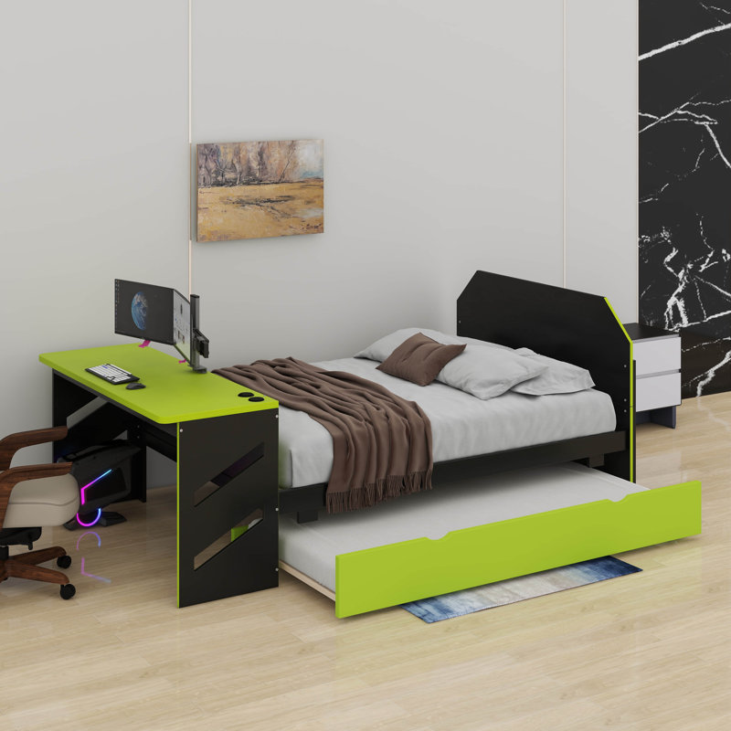 Full Size Daybed With Trundle, Desk & USB Port - Modern Wood Platform Bed, Green