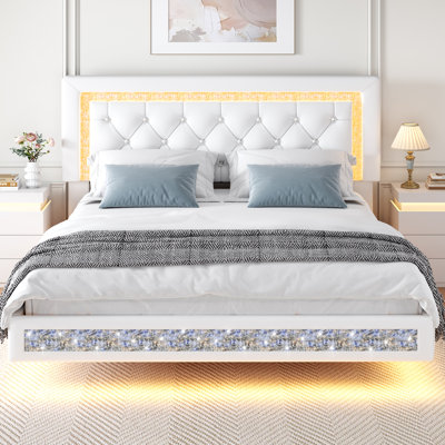 Full size white faux leather floating platform bed frame with diamond tufted headboard & LED lights, no box spring needed, noise-free design, easy assembly