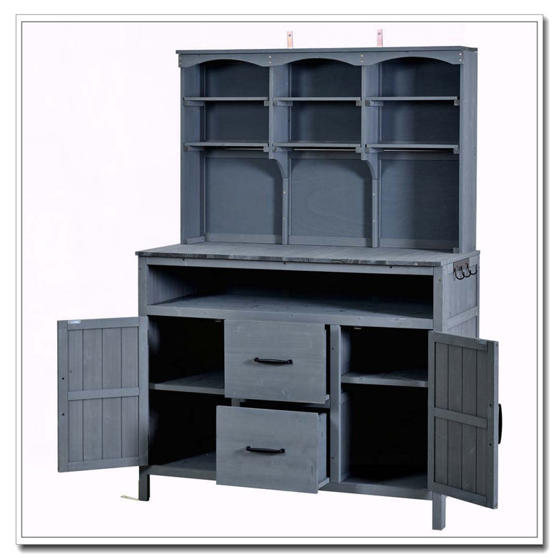 Large Fir Wood Potting Bench,45.3''L Multi-Functional Outdoor Patio Kitchen Island with Hutch, Gray