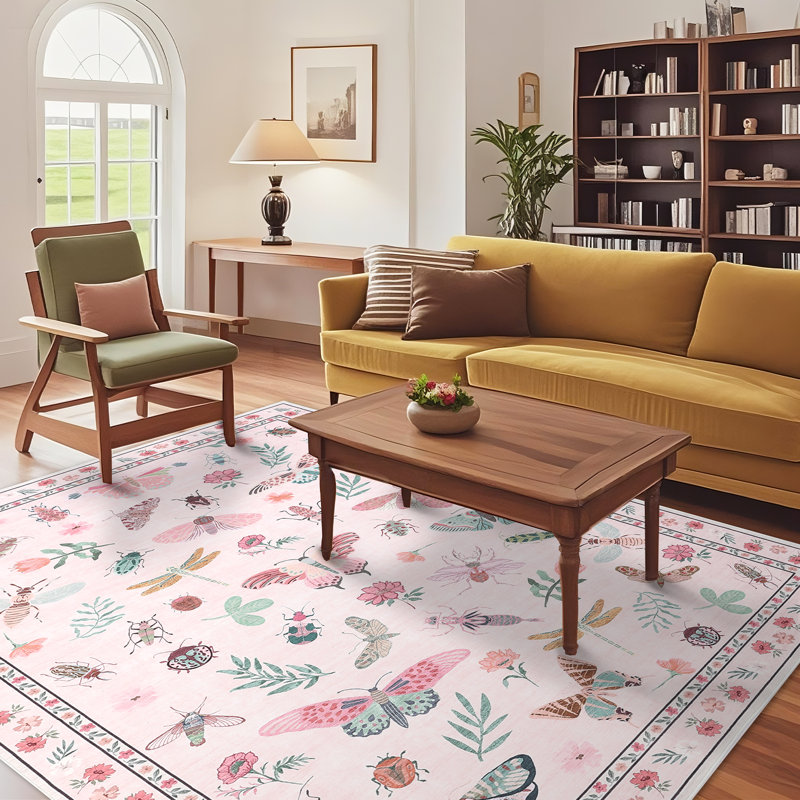Insect Floral Area Rugs Modern Accent Carpet with Non-Slip Backing, Stain-Resistant Low Pile Floor Cover, Machine Washable Ultra-Soft Indoor Mat for Living Room, Bedroom, Kitchen