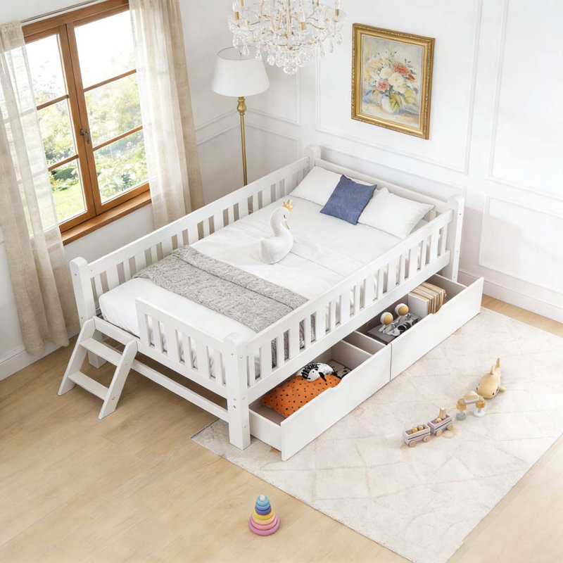 Lit plateforme simple avec garde-corps et 2 tiroirs, Blanc