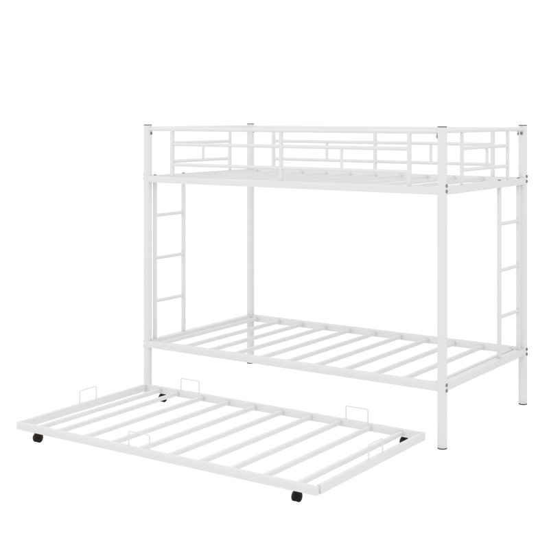 Twin Over Twin Metal Bunk Bed With Trundle, Two Ladders, And Secure Guardrails, White