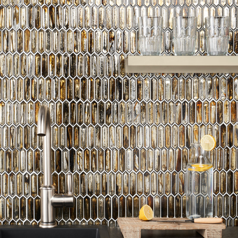 Fractal Picket 10.42" W x 11.81" L Glass Mosaic Wall Tile (0.85 sq. ft. / sheet), Golden Crust