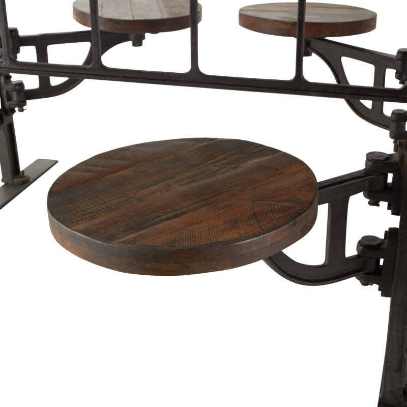 Brown Teak Wood Kitchen Dining Table with Eight Attached Seats, 100" x 42" x 31", Black, Dark Brown, 31" H x 42" W x 100" L